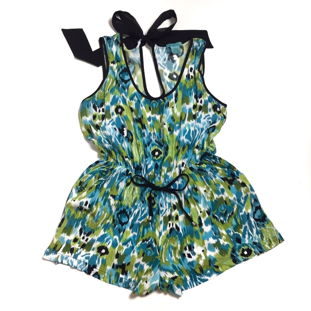 Blue & Green Sleeveless Summer Romper w Pockets